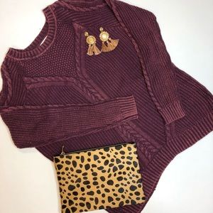 PLUS SIZE. Maroon cold shoulder cable sweater